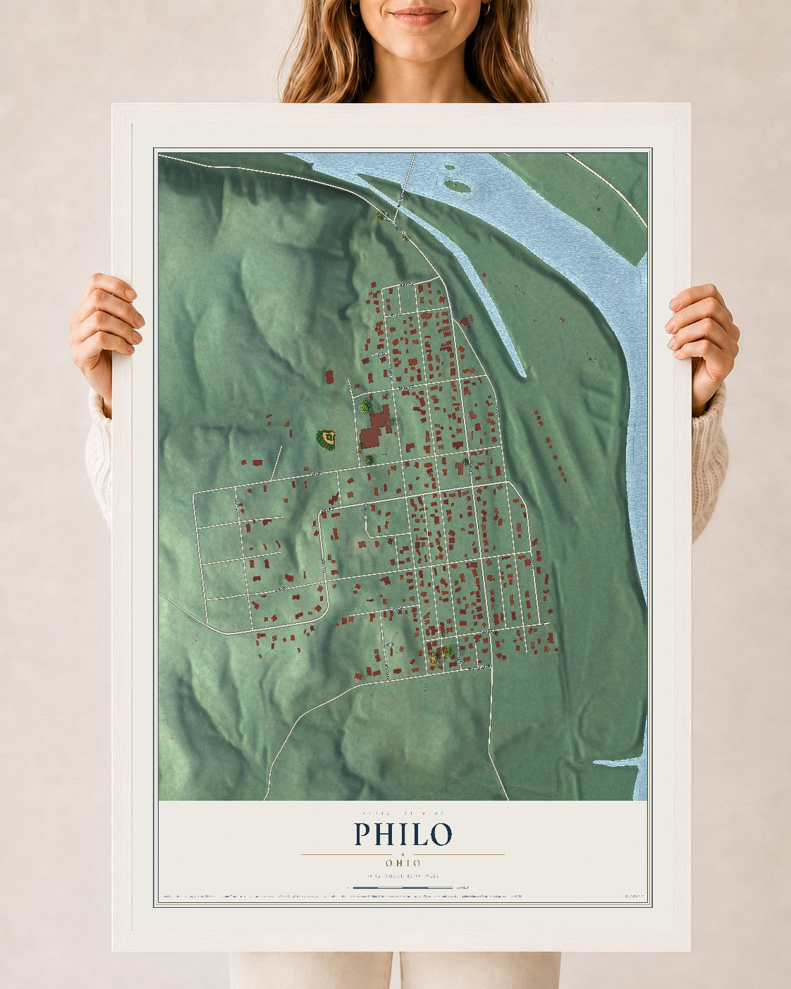 Map of Philo, Ohio, 24 x 36 inch print in a white wood frame