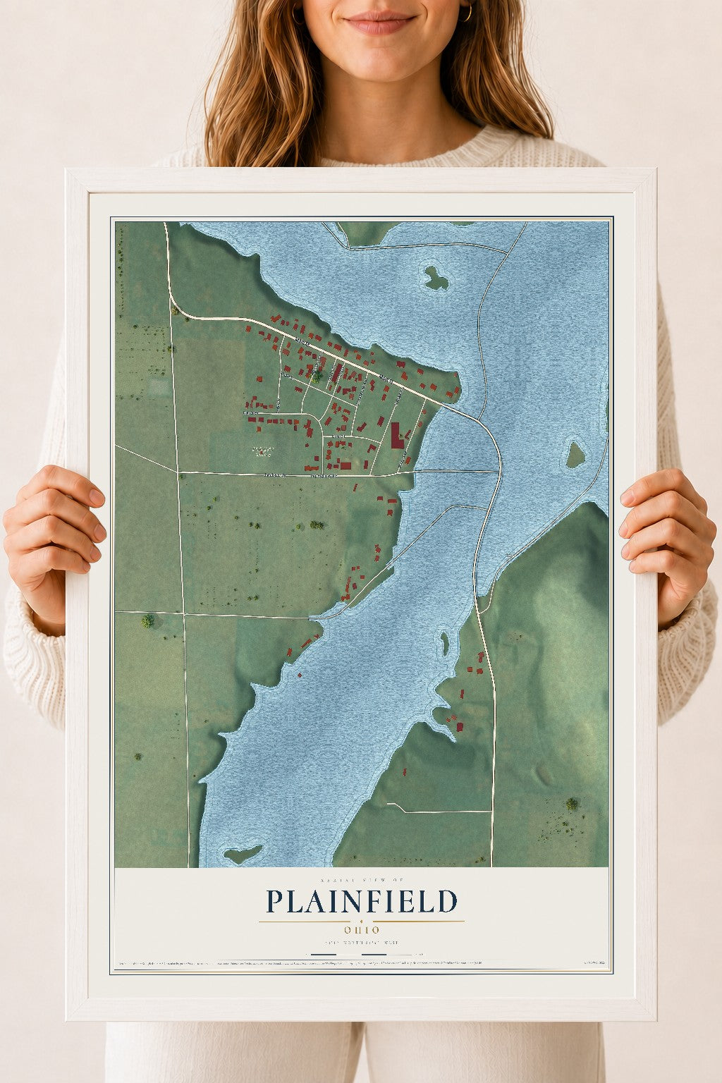 Map of Plainfield, Ohio, 18 x 24 inch print in a white wood frame