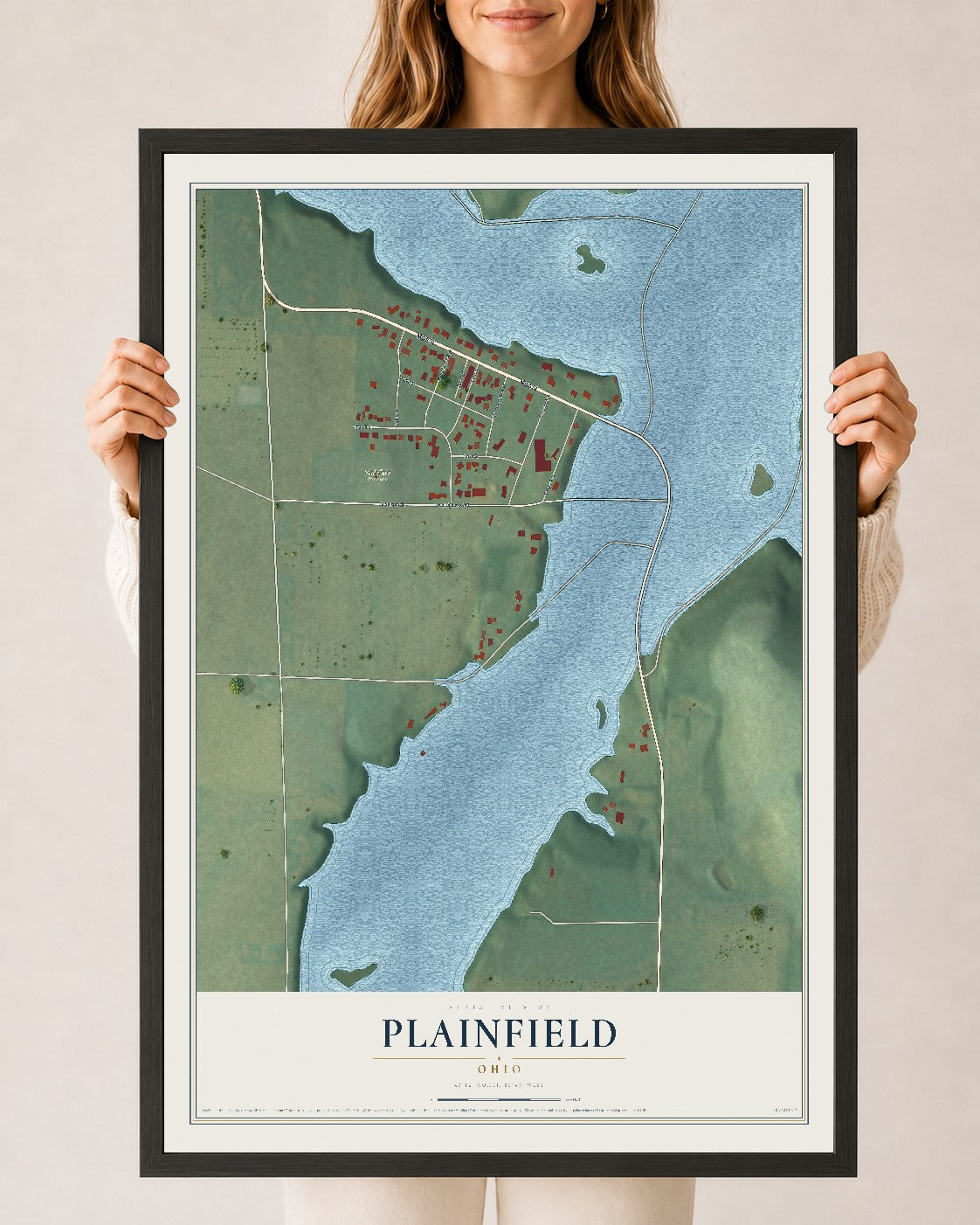 Map of Plainfield, Ohio, 24 x 36 inch print in a black wood frame