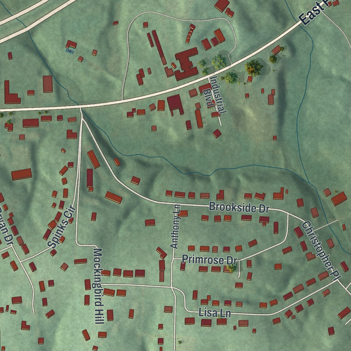 Close-up of the map of Pleasant Grove, Ohio print showing street and building detail