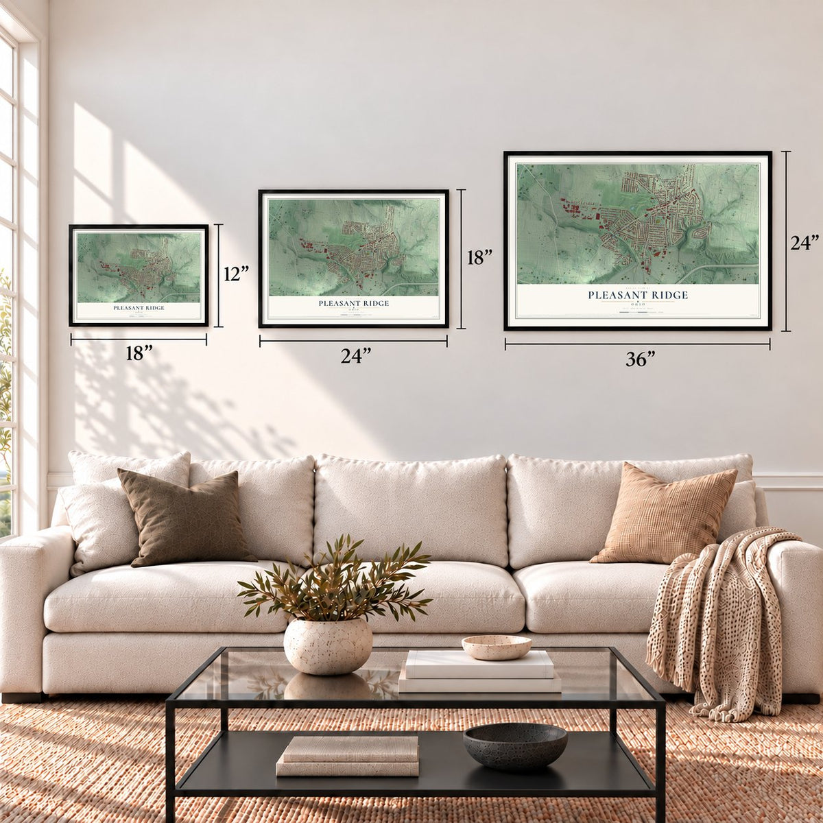 Pleasant Ridge, Ohio map in 12 x 18, 18 x 24 and 24 x 36 inch sizes above a sofa