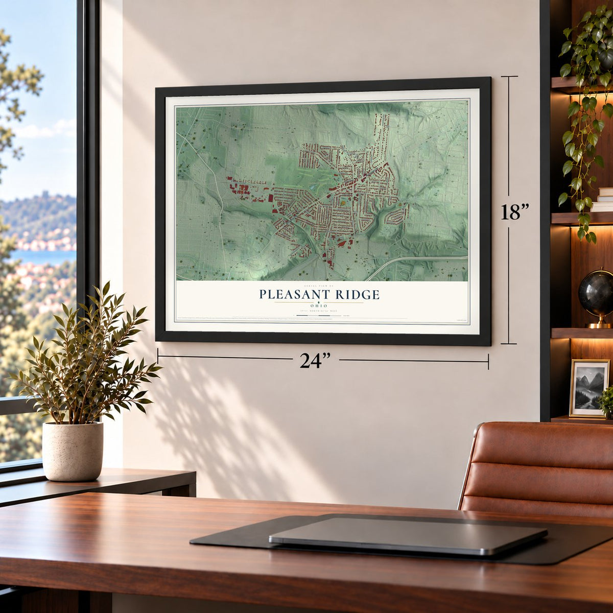 Pleasant Ridge, Ohio map, 18 x 24 inch print in a black frame in a home office