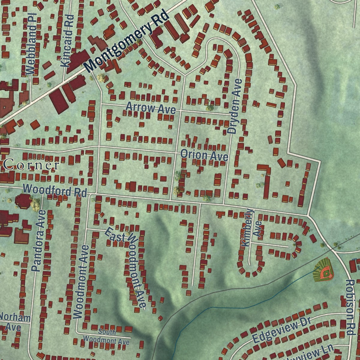 Close-up of the map of Pleasant Ridge, Ohio print showing street and building detail