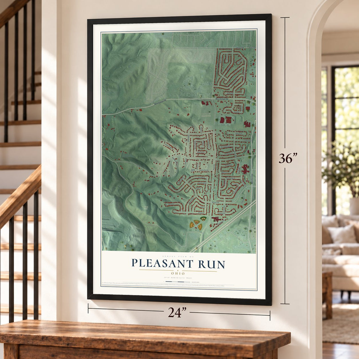 Pleasant Run, Ohio map, 24 x 36 inch print in a black frame by a staircase