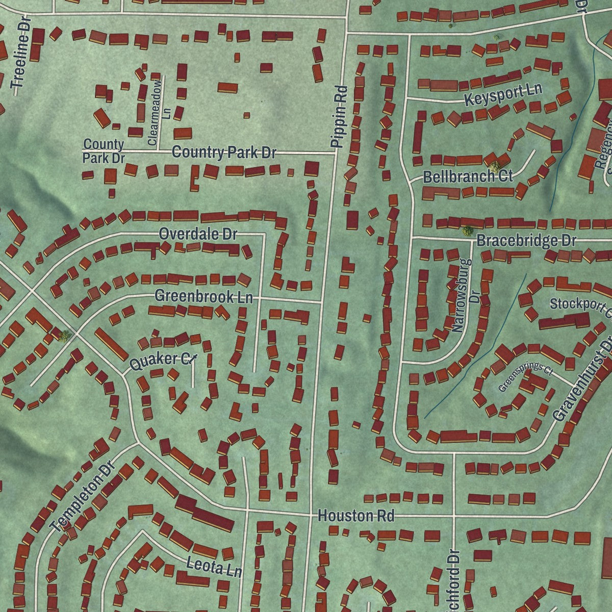 Close-up of the map of Pleasant Run, Ohio print showing street and building detail