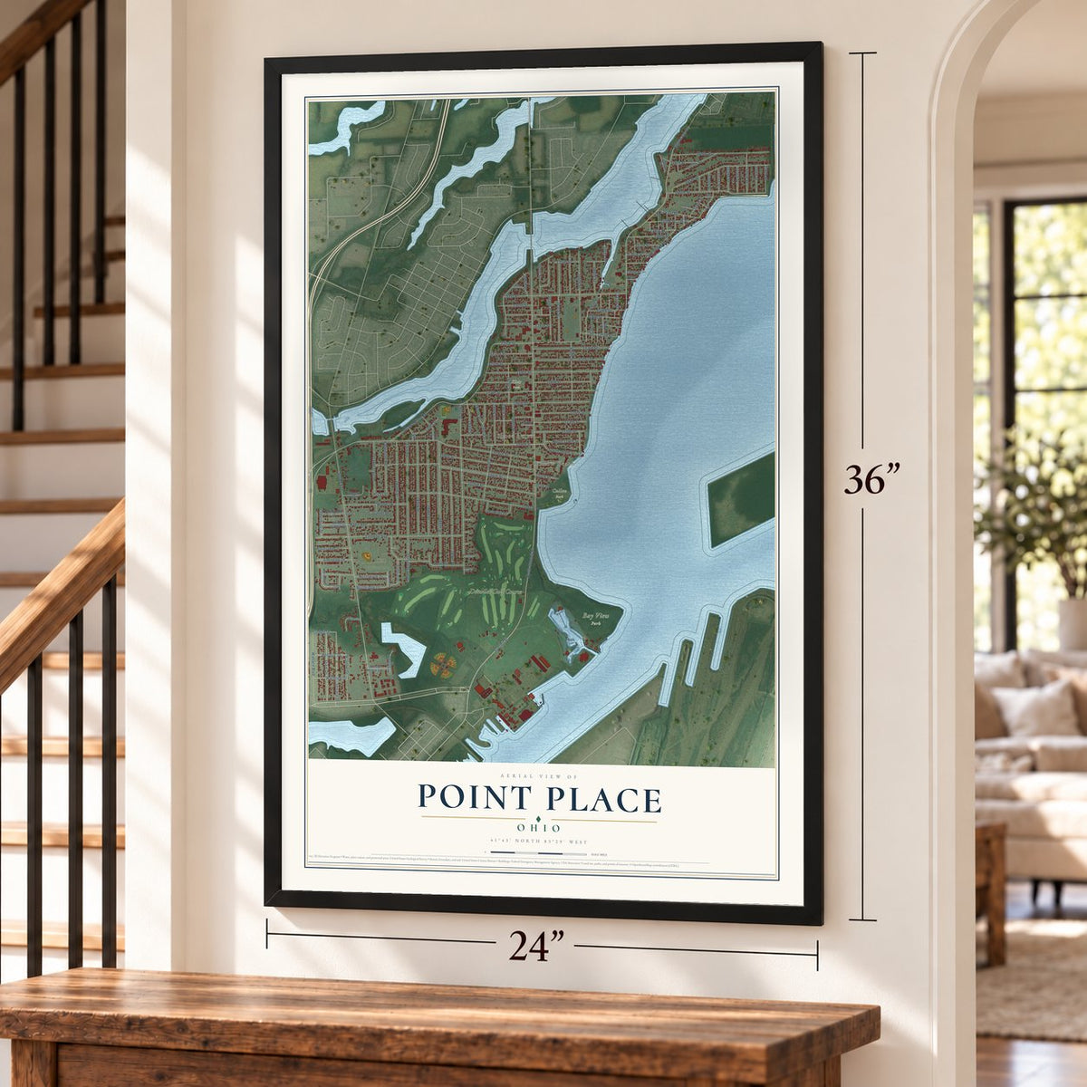 Point Place, Ohio map, 24 x 36 inch print in a black frame by a staircase