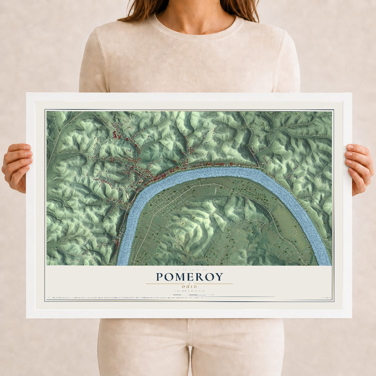 Map of Pomeroy, Ohio, 12 x 18 inch print in a white wood frame