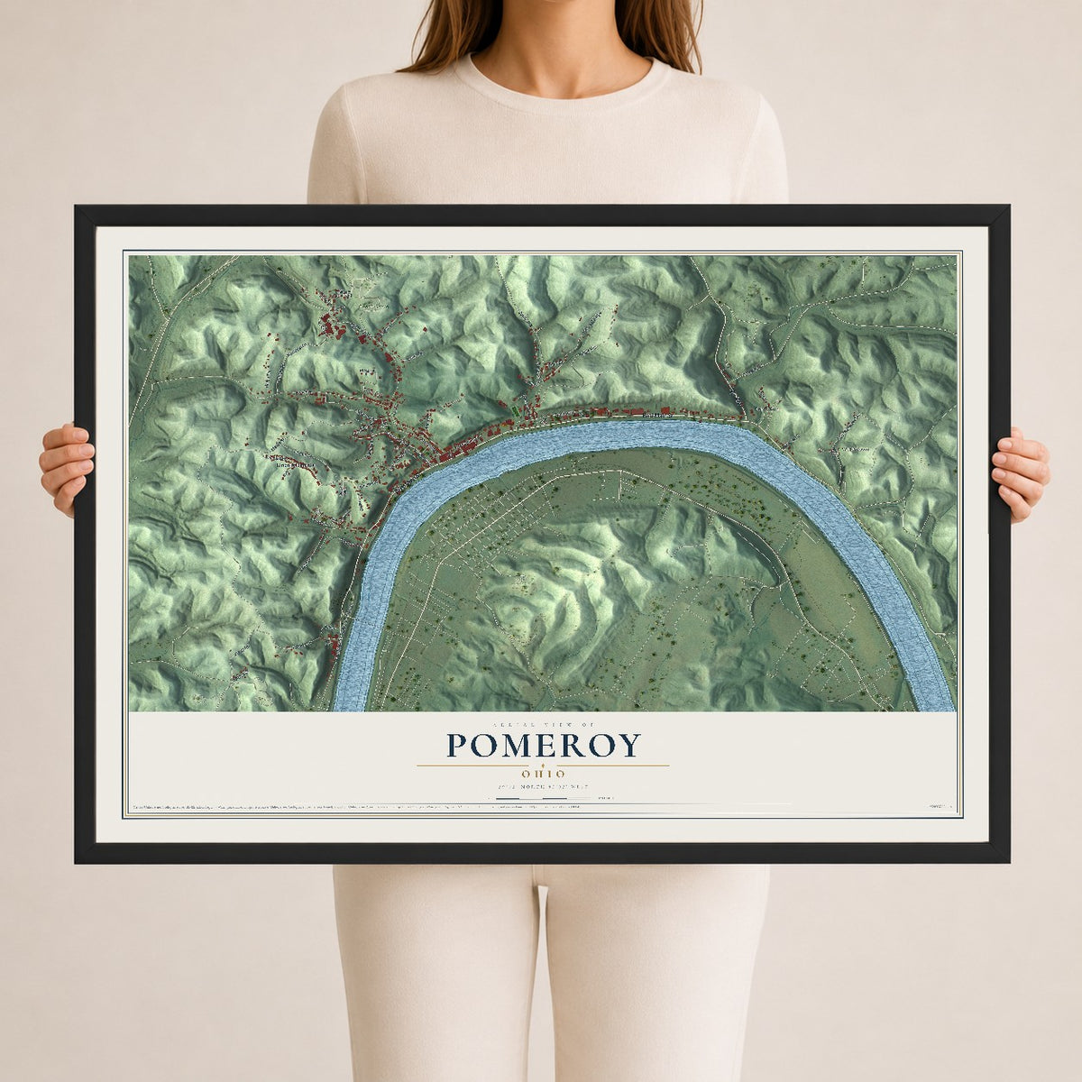 Map of Pomeroy, Ohio, 24 x 36 inch print in a black wood frame