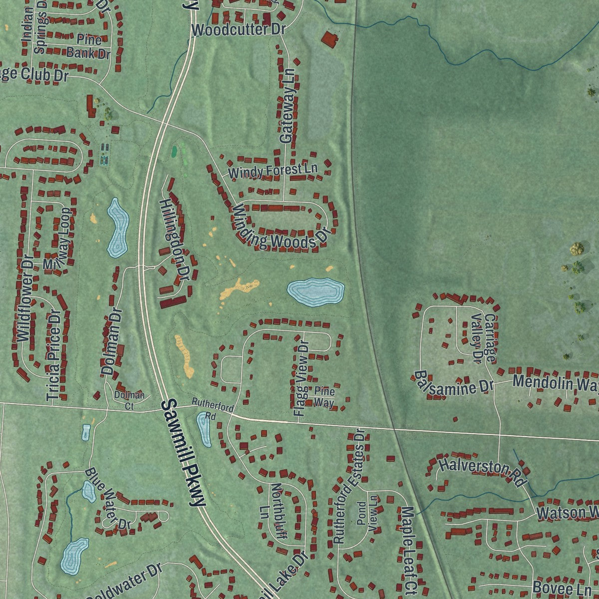 Second close-up of the map of Powell, Ohio print showing more streets and buildings