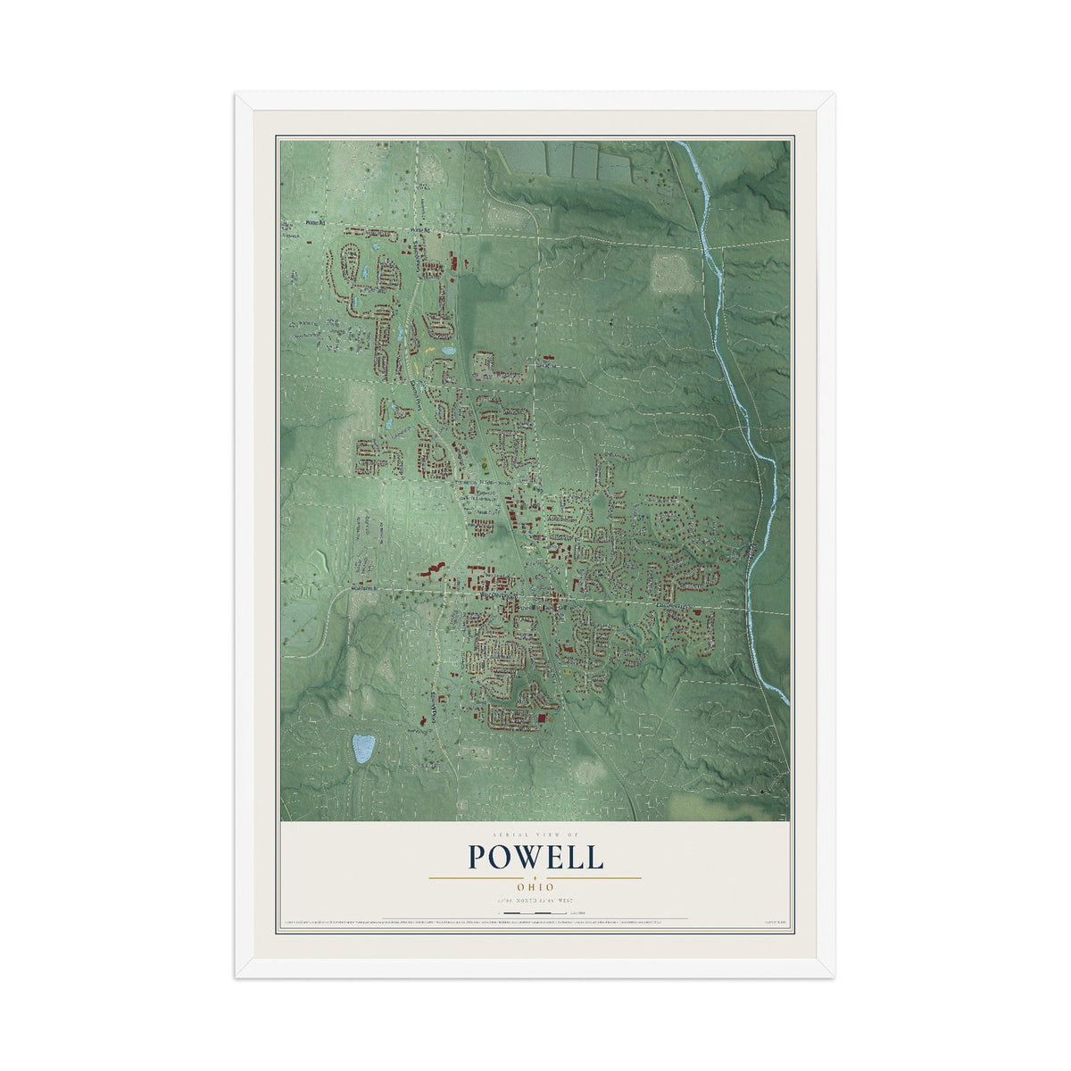 Map of Powell, Ohio, 12 x 18 inch print in a white wood frame