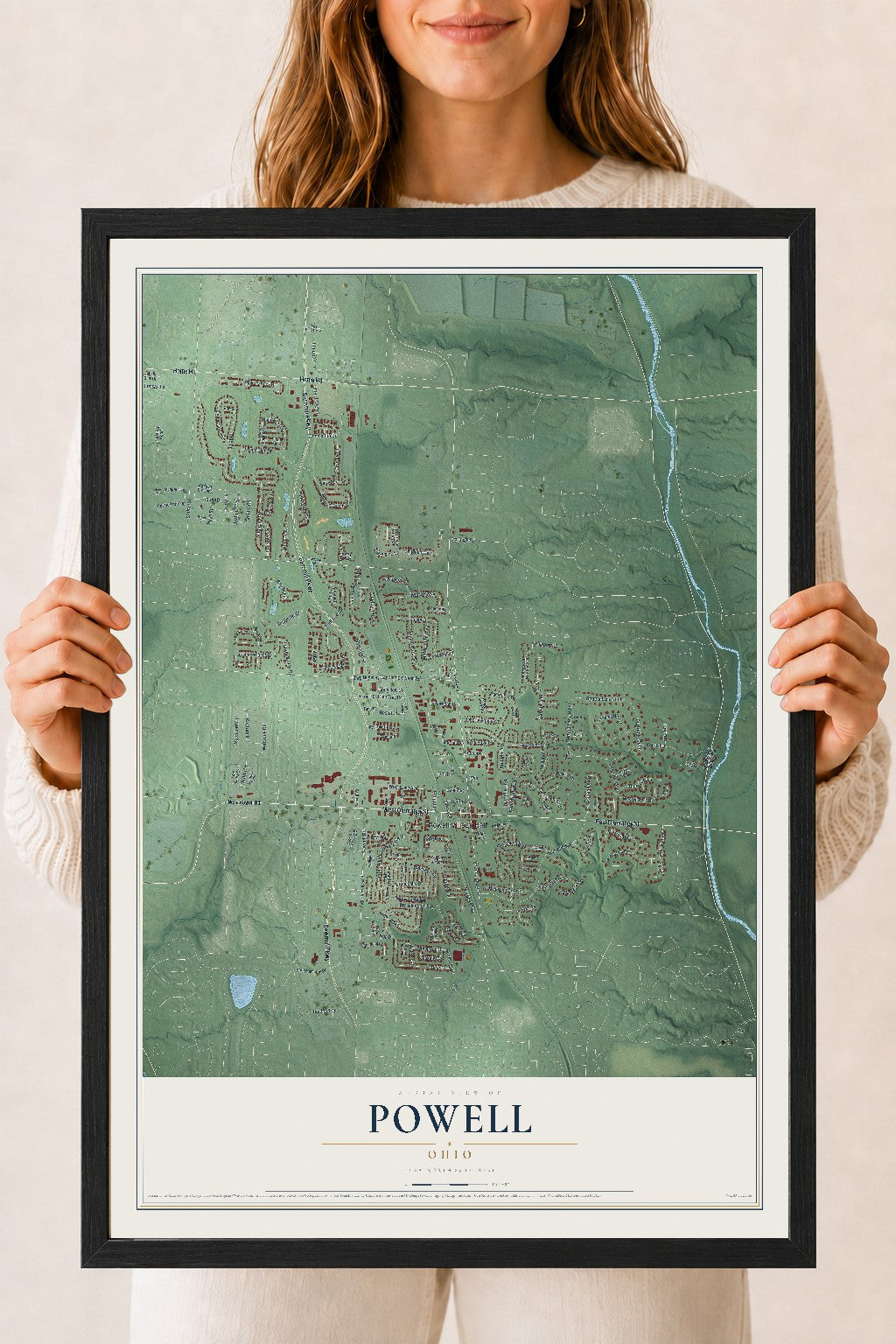 Map of Powell, Ohio, 18 x 24 inch print in a black wood frame