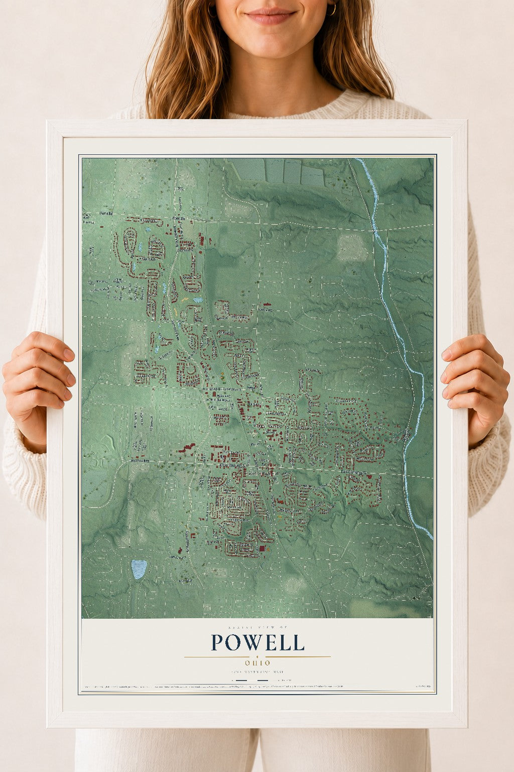 Map of Powell, Ohio, 18 x 24 inch print in a white wood frame