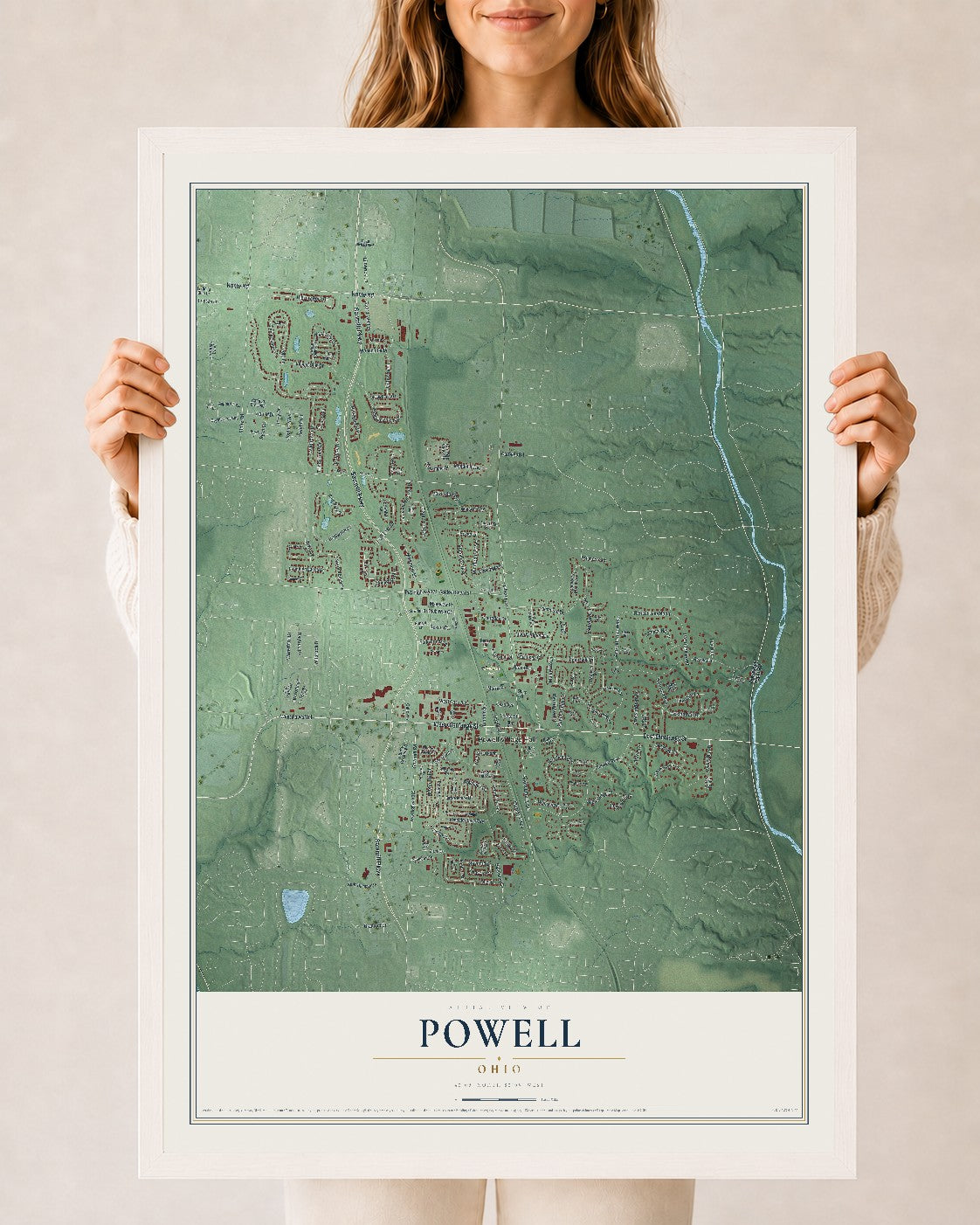 Map of Powell, Ohio, 24 x 36 inch print in a white wood frame