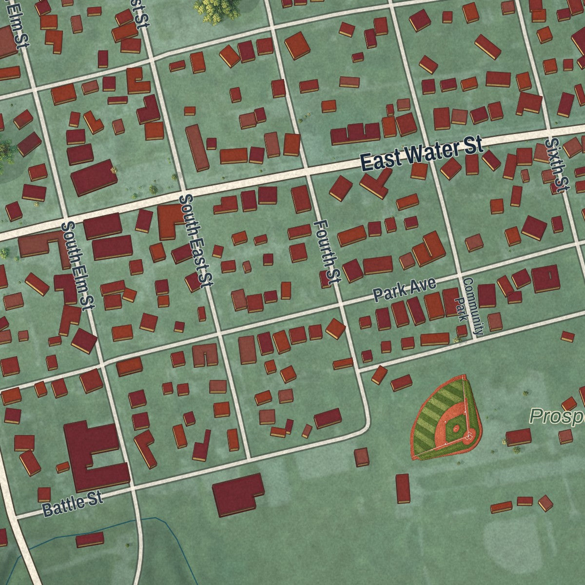 Close-up of the map of Prospect, Ohio print showing street and building detail