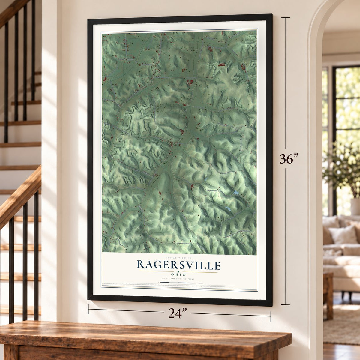 Ragersville, Ohio map, 24 x 36 inch print in a black frame by a staircase