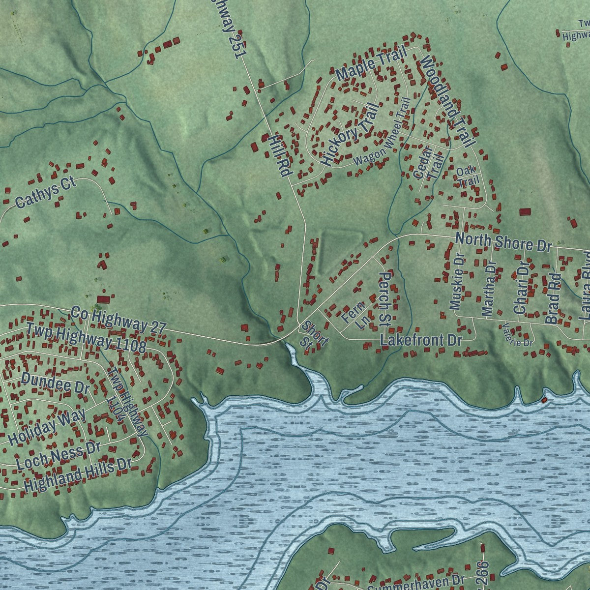 Close-up of the map of Rainsboro, Ohio print showing street and building detail