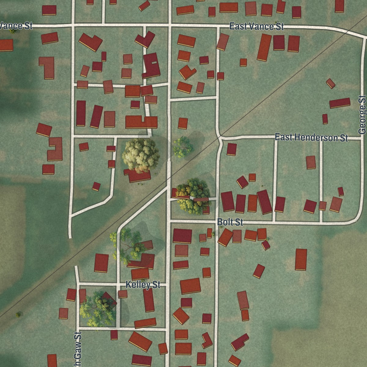 Close-up of the map of Rawson, Ohio print showing street and building detail