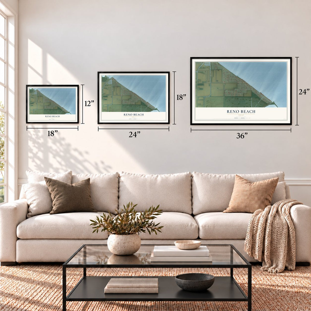Reno Beach, Ohio map in 12 x 18, 18 x 24 and 24 x 36 inch sizes above a sofa