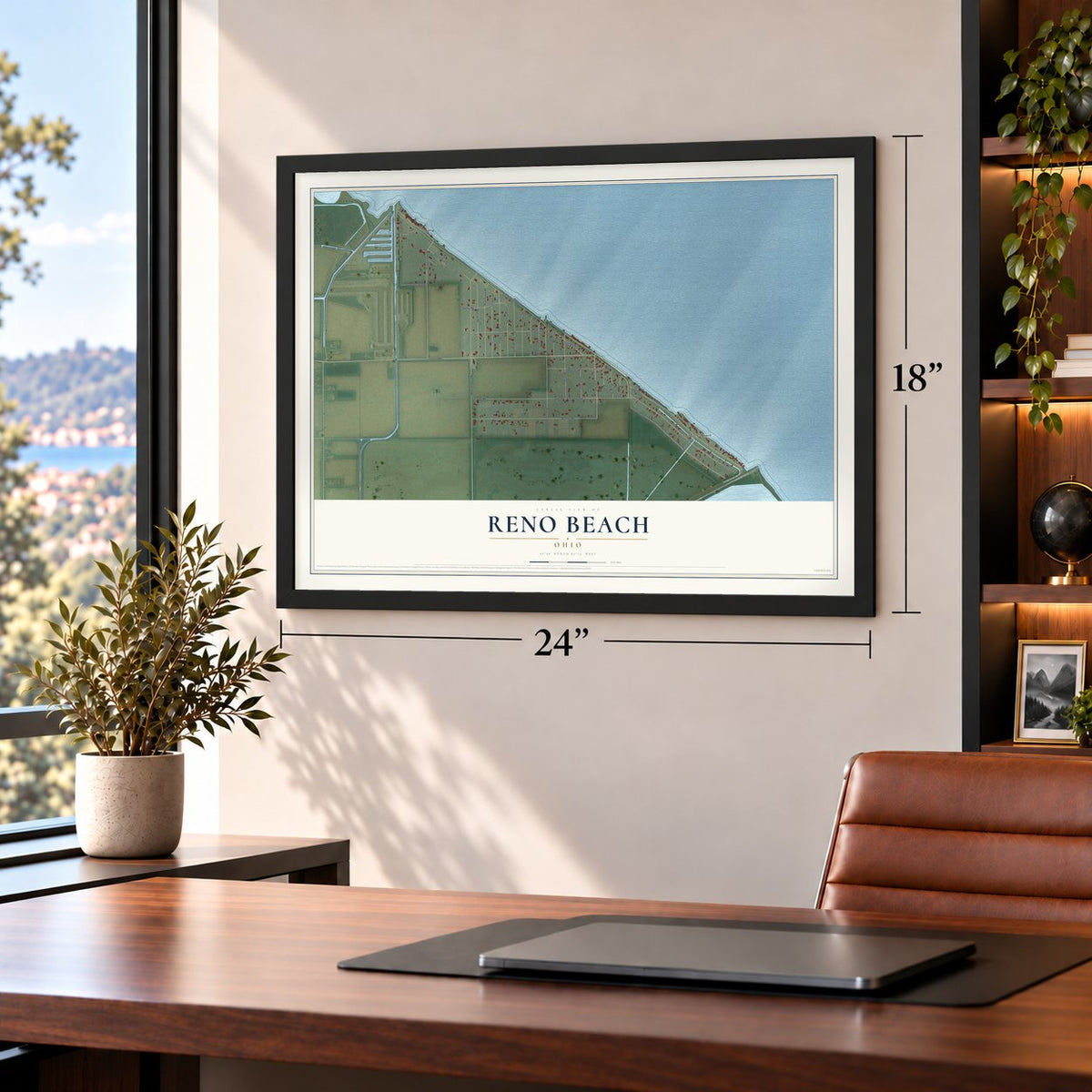 Reno Beach, Ohio map, 18 x 24 inch print in a black frame in a home office