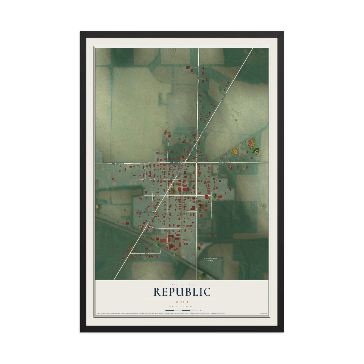 Map of Republic, Ohio, 12 x 18 inch print in a black wood frame