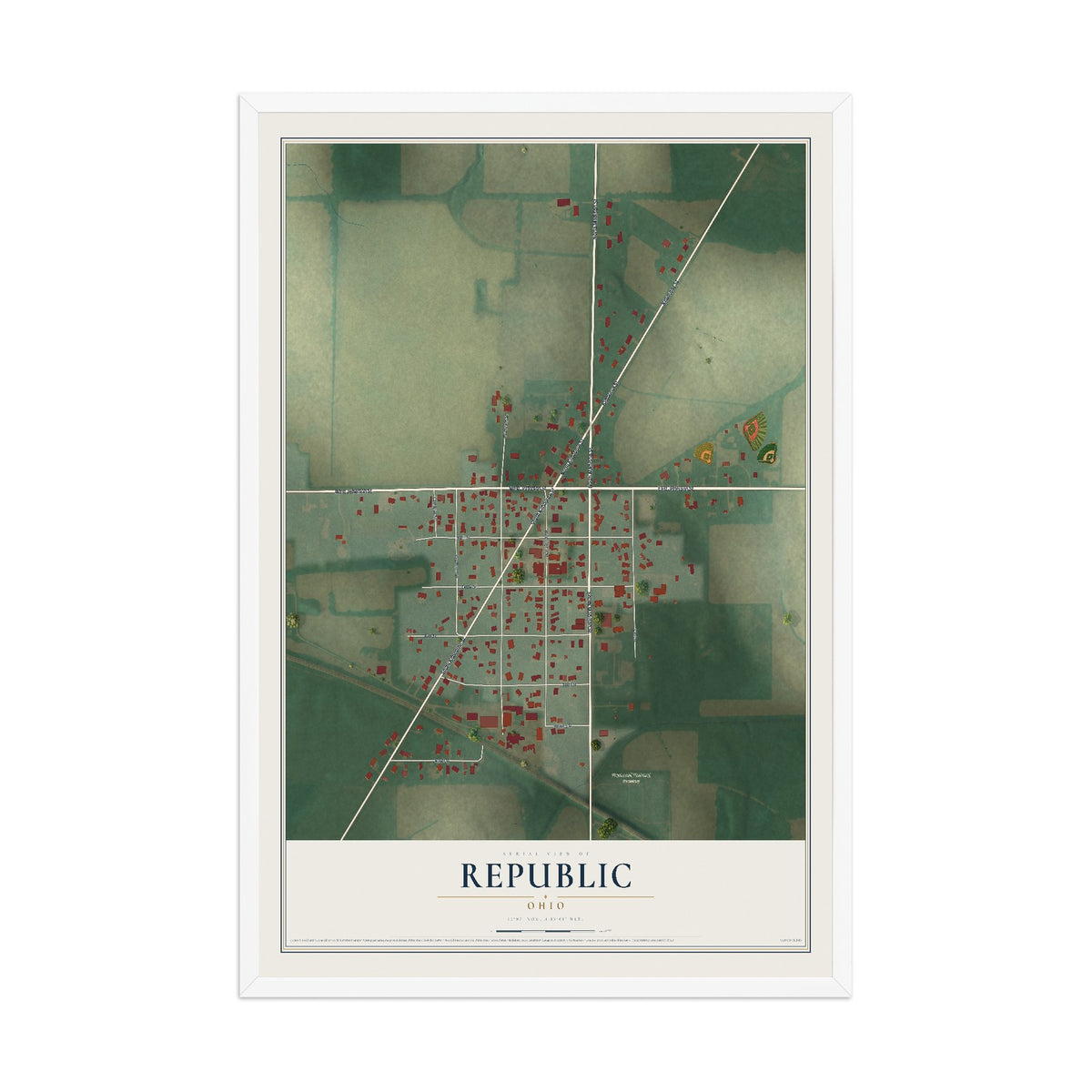 Map of Republic, Ohio, 12 x 18 inch print in a white wood frame