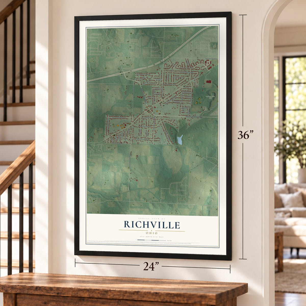 Richville, Ohio map, 24 x 36 inch print in a black frame by a staircase