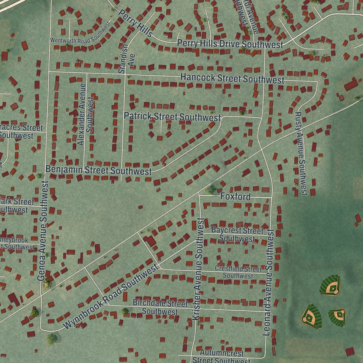 Close-up of the map of Richville, Ohio print showing street and building detail