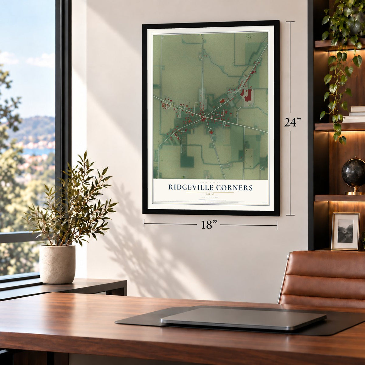 Ridgeville Corners, Ohio map, 18 x 24 inch print in a black frame in a home office