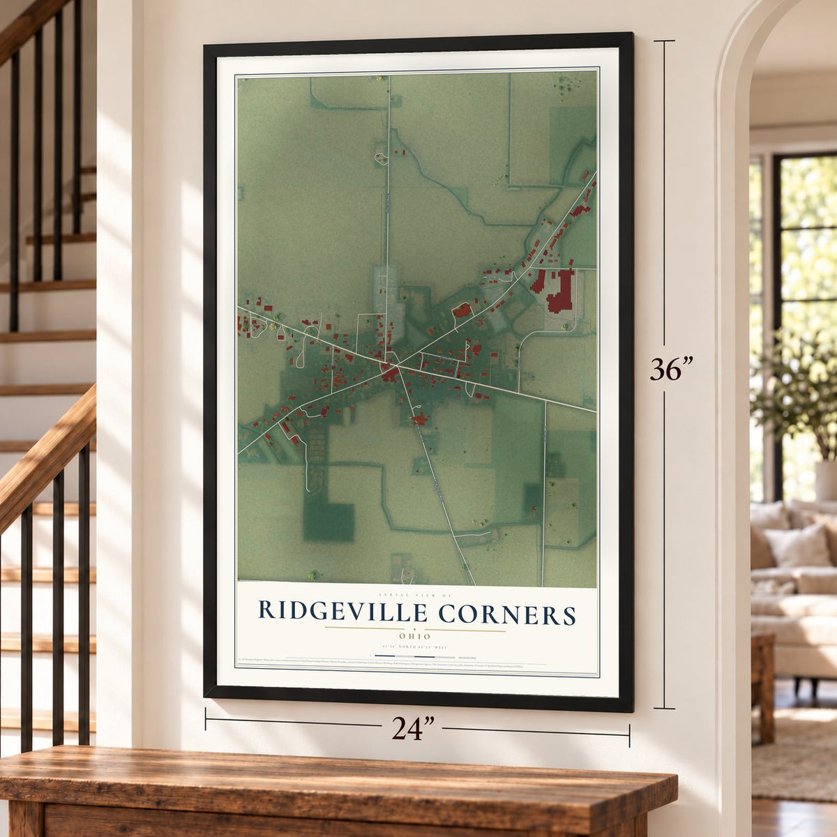 Ridgeville Corners, Ohio map, 24 x 36 inch print in a black frame by a staircase