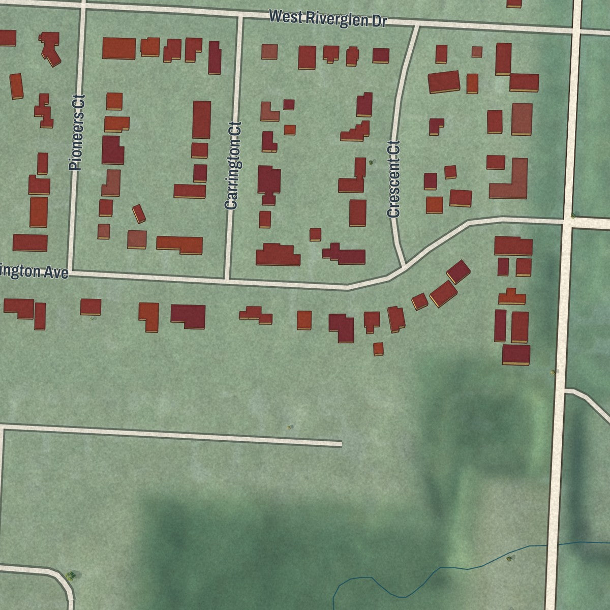 Second close-up of the map of Riverlea, Ohio print showing more streets and buildings