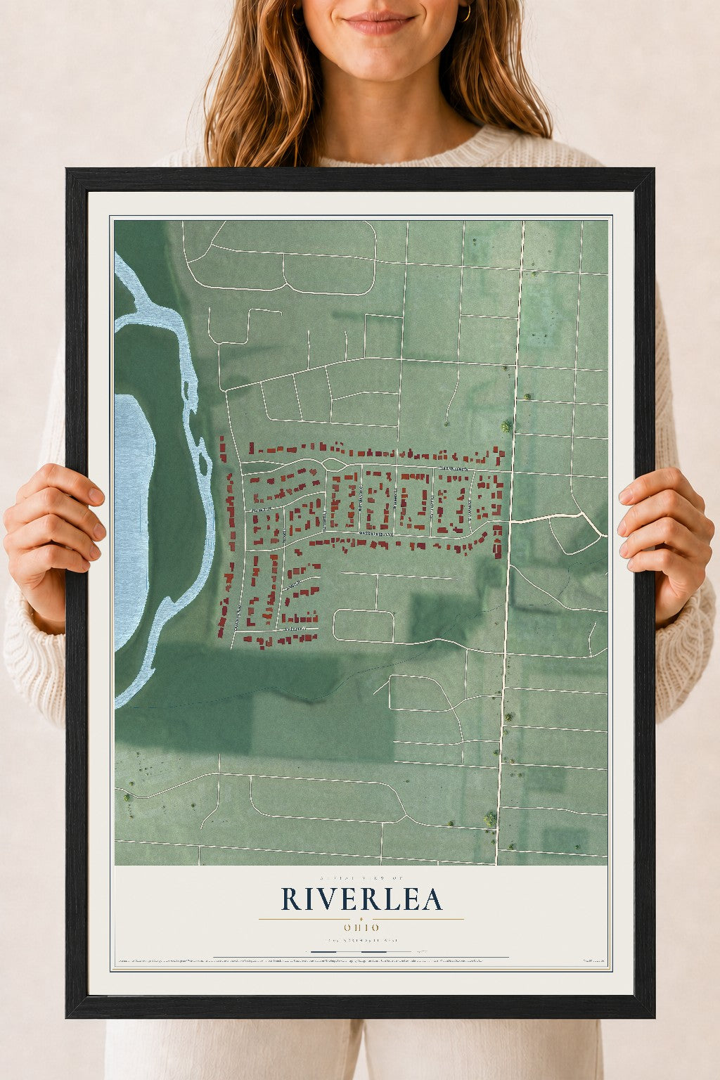 Map of Riverlea, Ohio, 18 x 24 inch print in a black wood frame