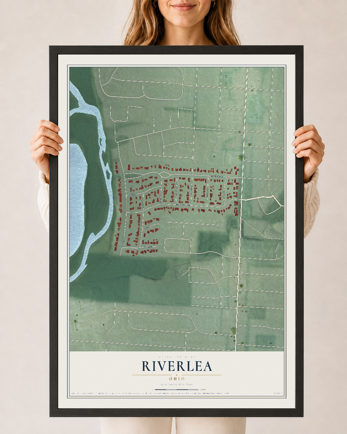 Map of Riverlea, Ohio, 24 x 36 inch print in a black wood frame