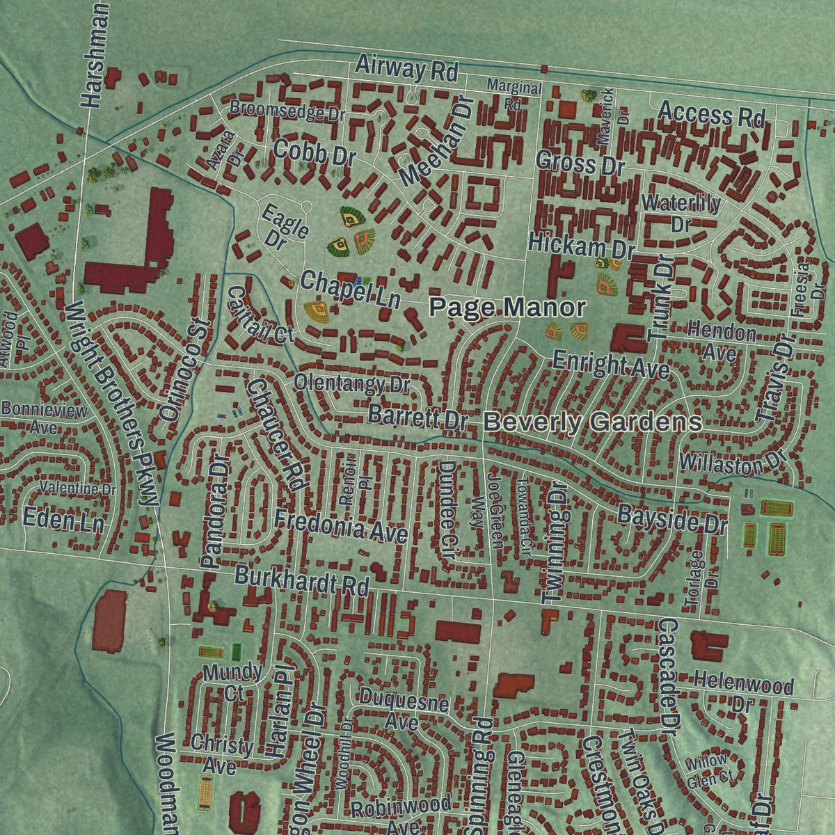 Close-up of the map of Riverside, Ohio print showing street and building detail
