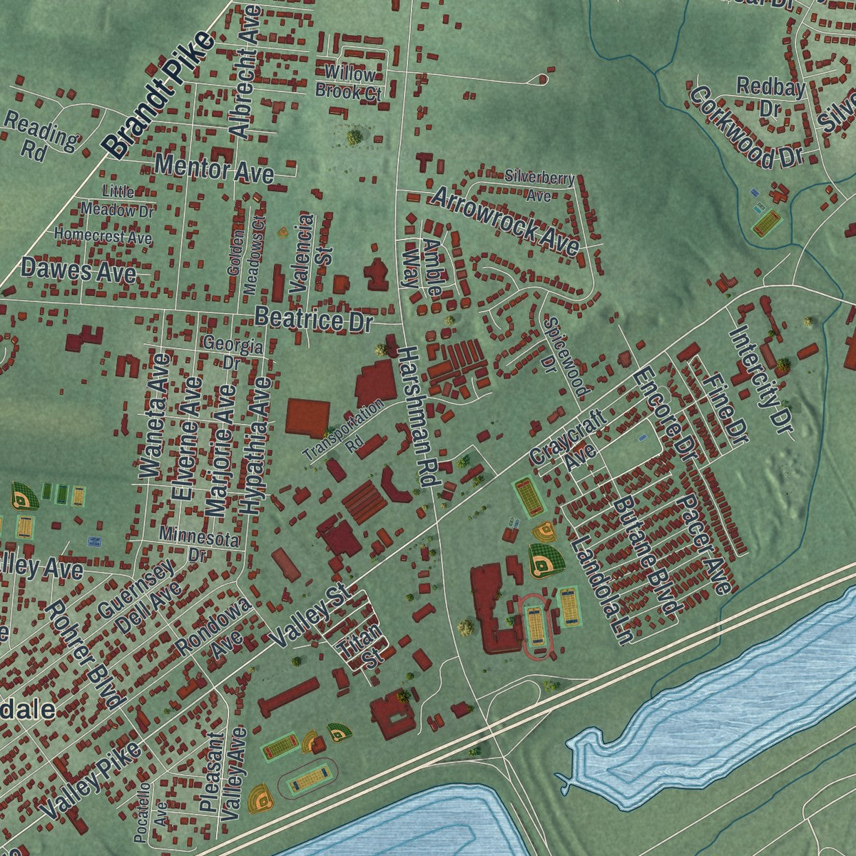 Second close-up of the map of Riverside, Ohio print showing more streets and buildings