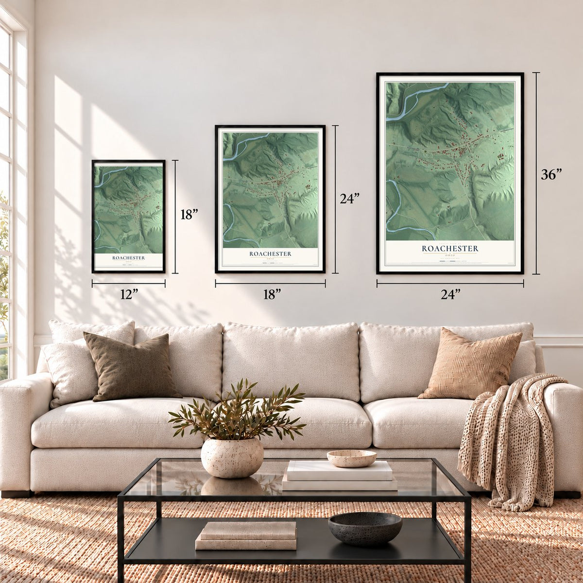 Roachester, Ohio map in 12 x 18, 18 x 24 and 24 x 36 inch sizes above a sofa