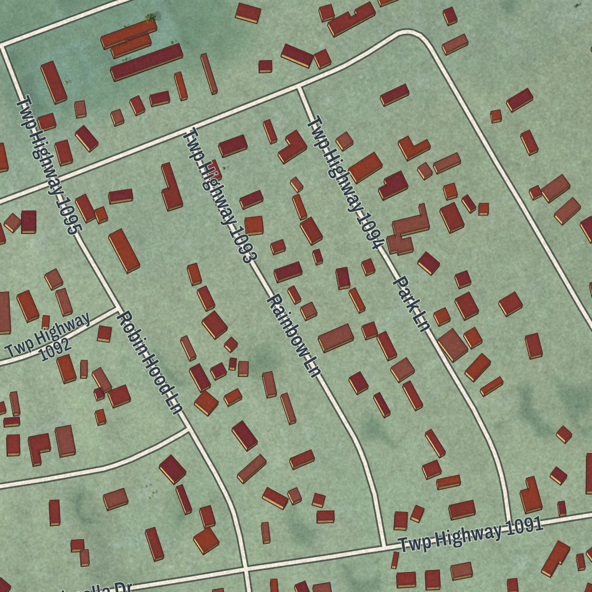 Close-up of the map of Rocky Fork Point, Ohio print showing street and building detail