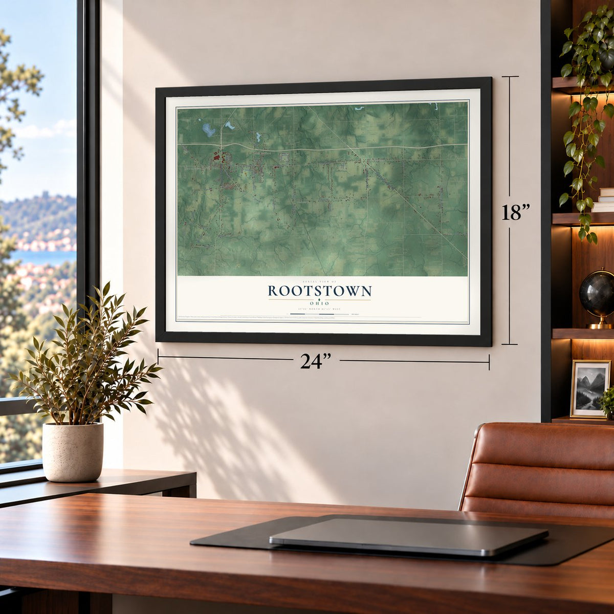 Rootstown, Ohio map, 18 x 24 inch print in a black frame in a home office