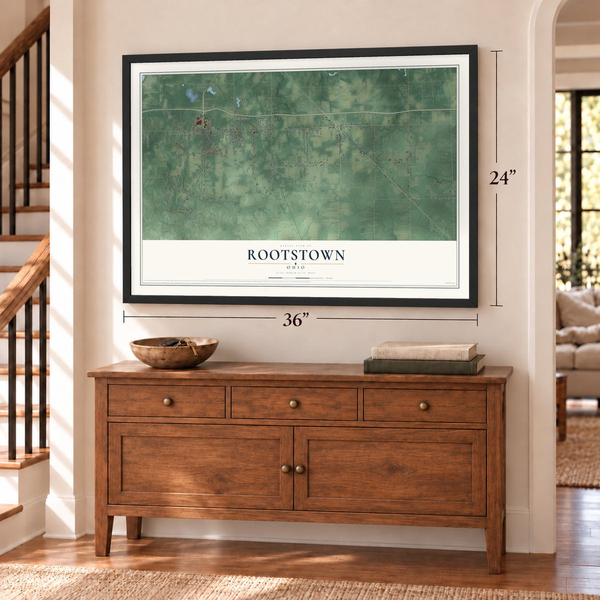 Rootstown, Ohio map, 24 x 36 inch print in a black frame above a dresser by a staircase