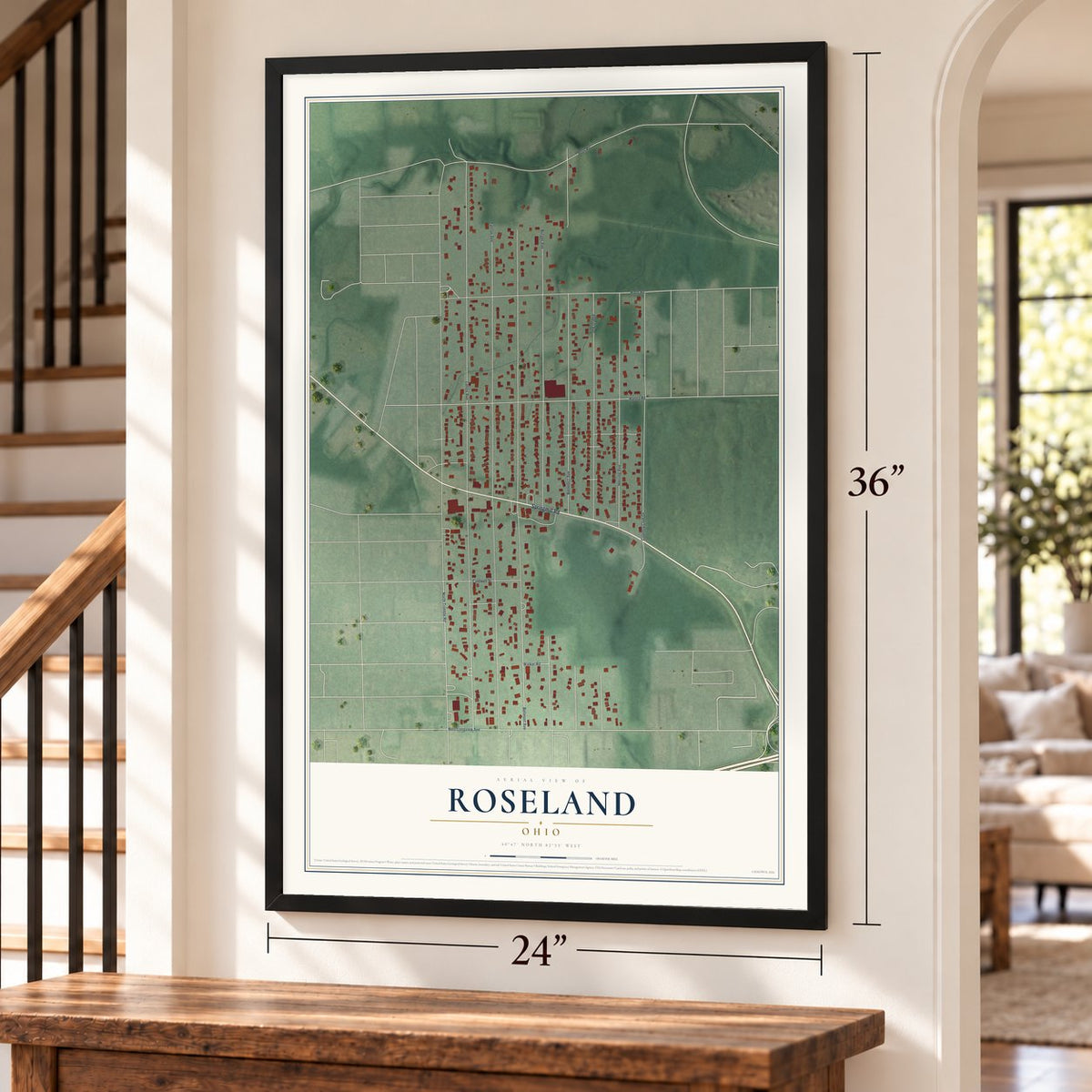 Roseland, Ohio map, 24 x 36 inch print in a black frame by a staircase