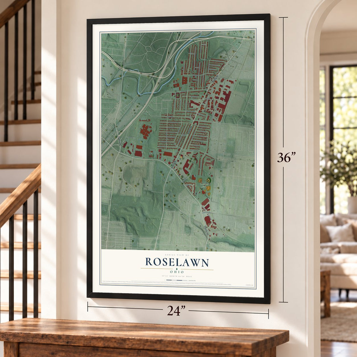 Roselawn, Ohio map, 24 x 36 inch print in a black frame by a staircase