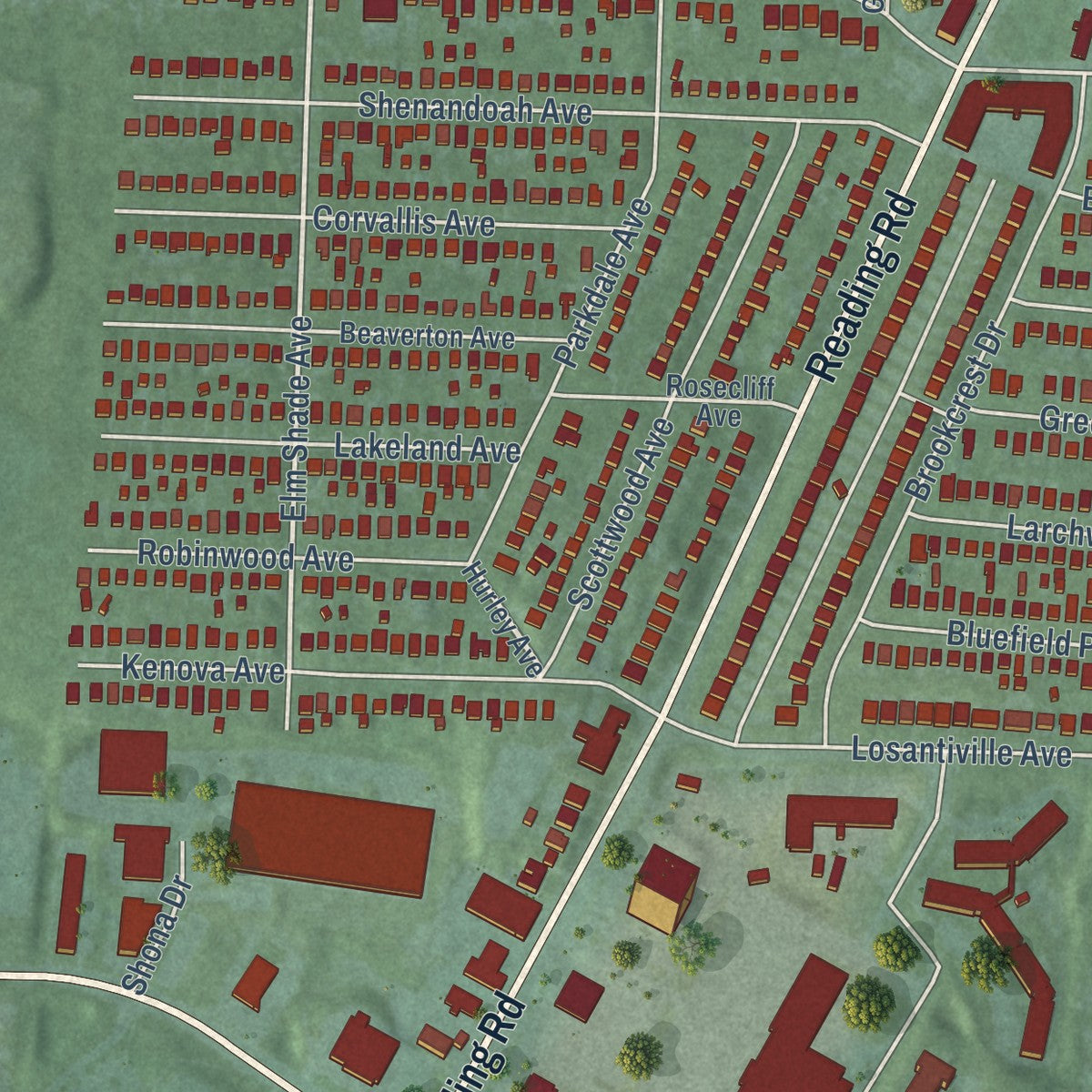 Close-up of the map of Roselawn, Ohio print showing street and building detail