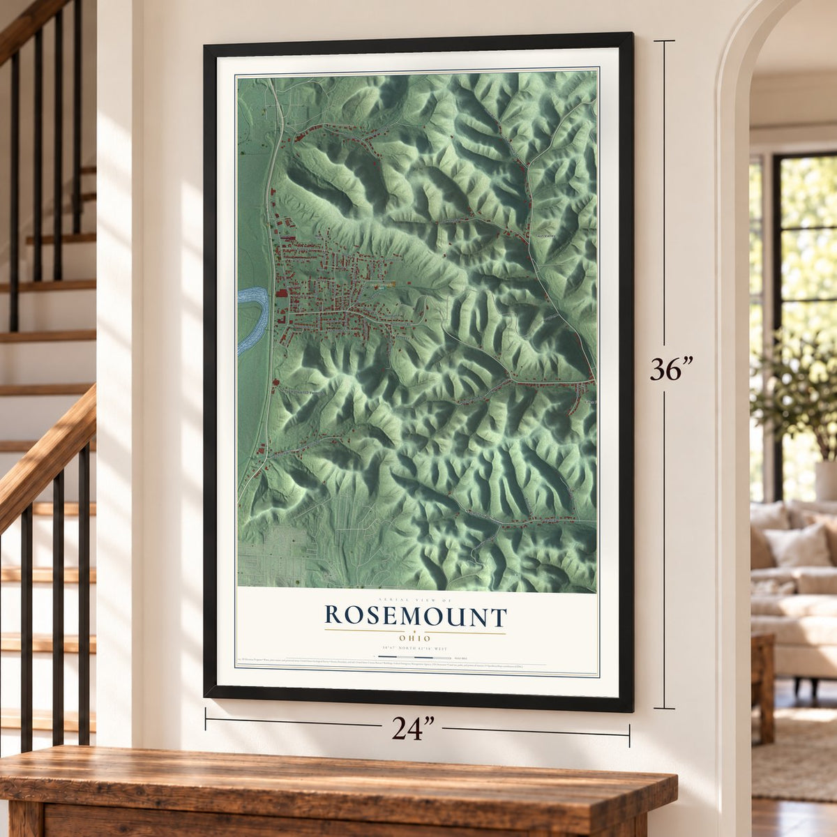 Rosemount, Ohio map, 24 x 36 inch print in a black frame by a staircase