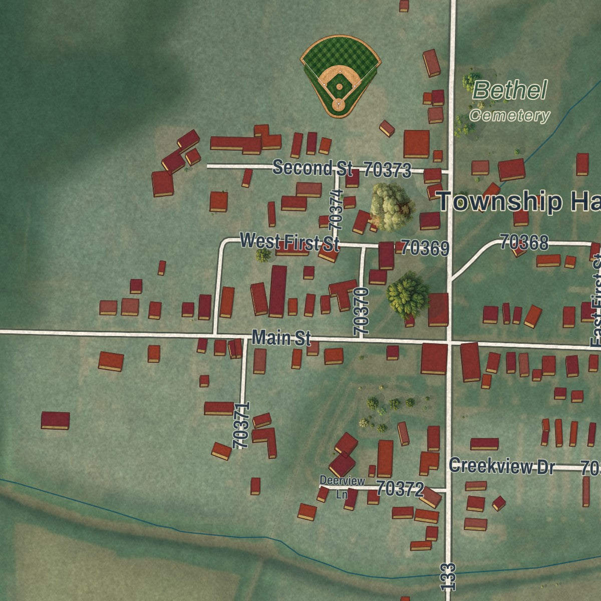 Close-up of the map of Rudolph, Ohio print showing street and building detail