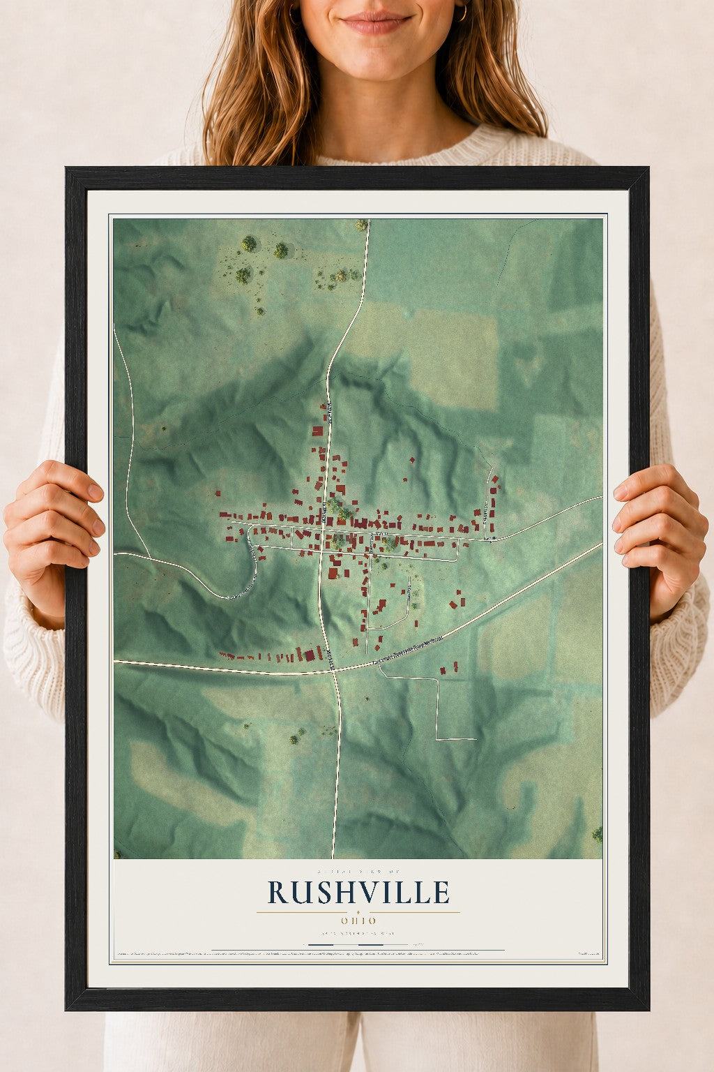 Map of Rushville, Ohio, 18 x 24 inch print in a black wood frame