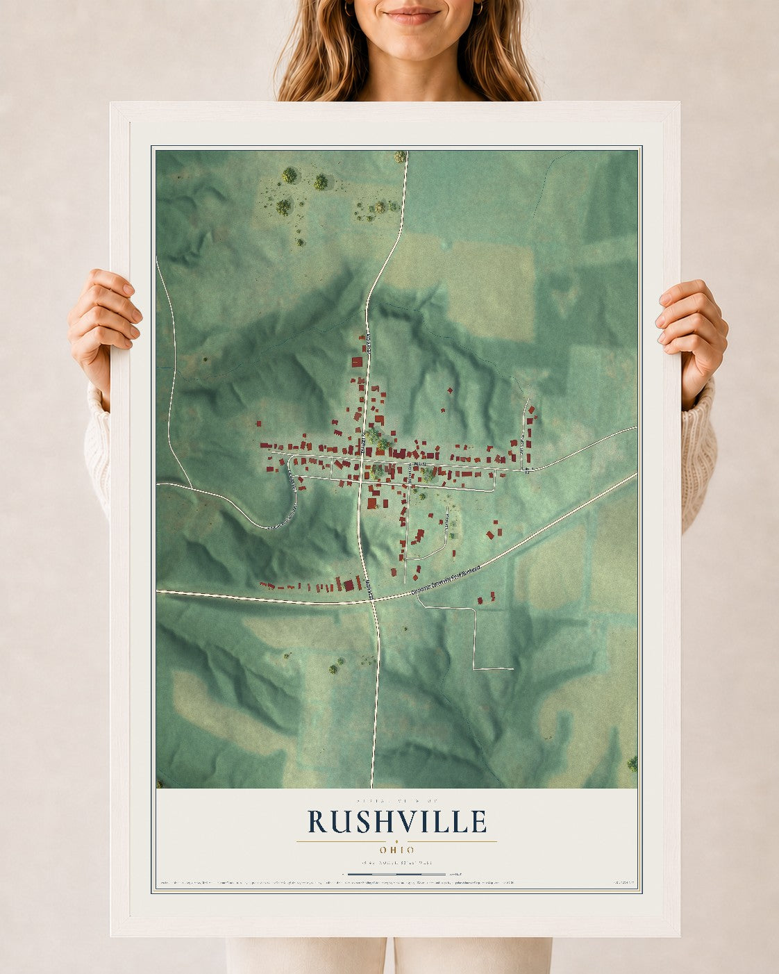 Map of Rushville, Ohio, 24 x 36 inch print in a white wood frame