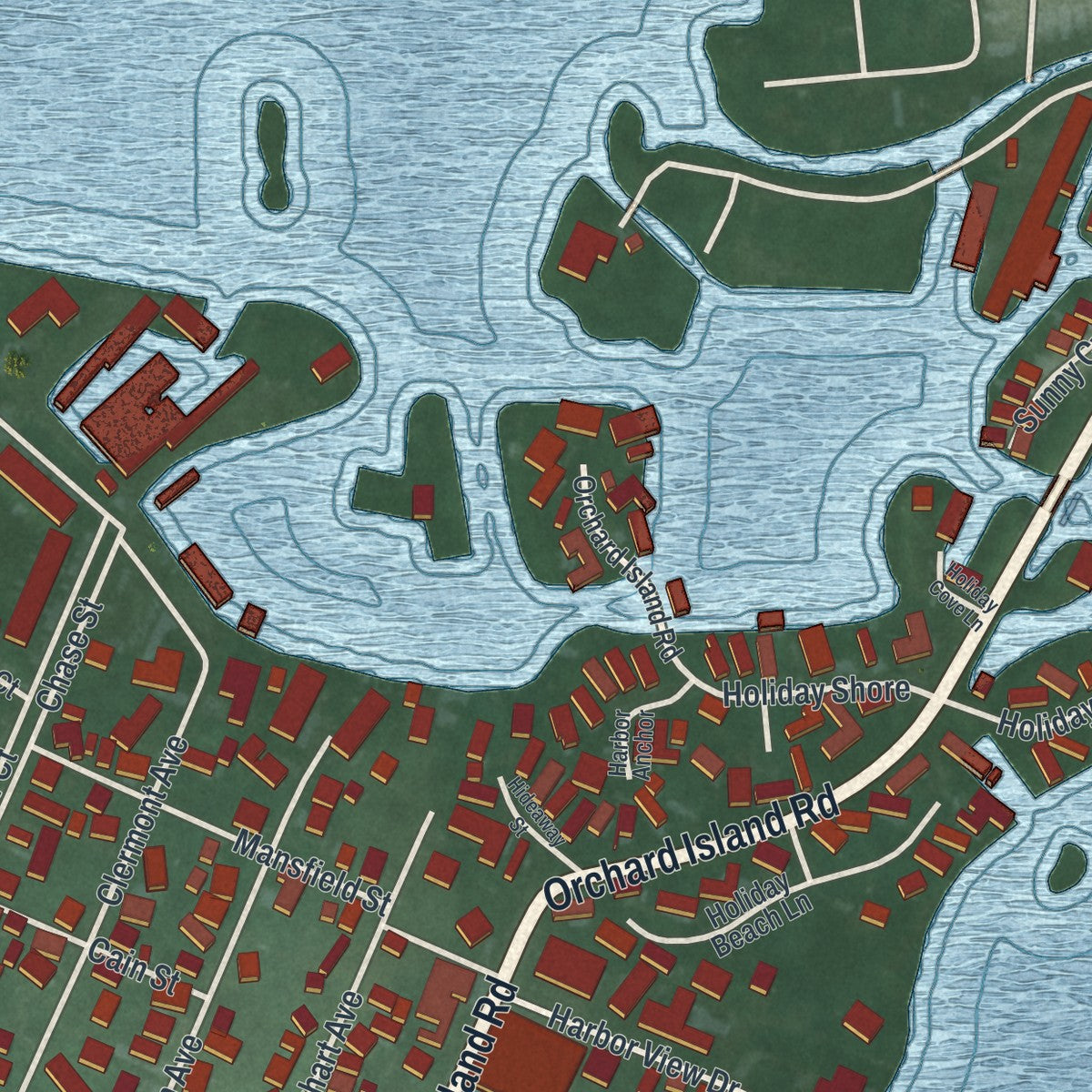 Close-up of the map of Russells Point, Ohio print showing street and building detail