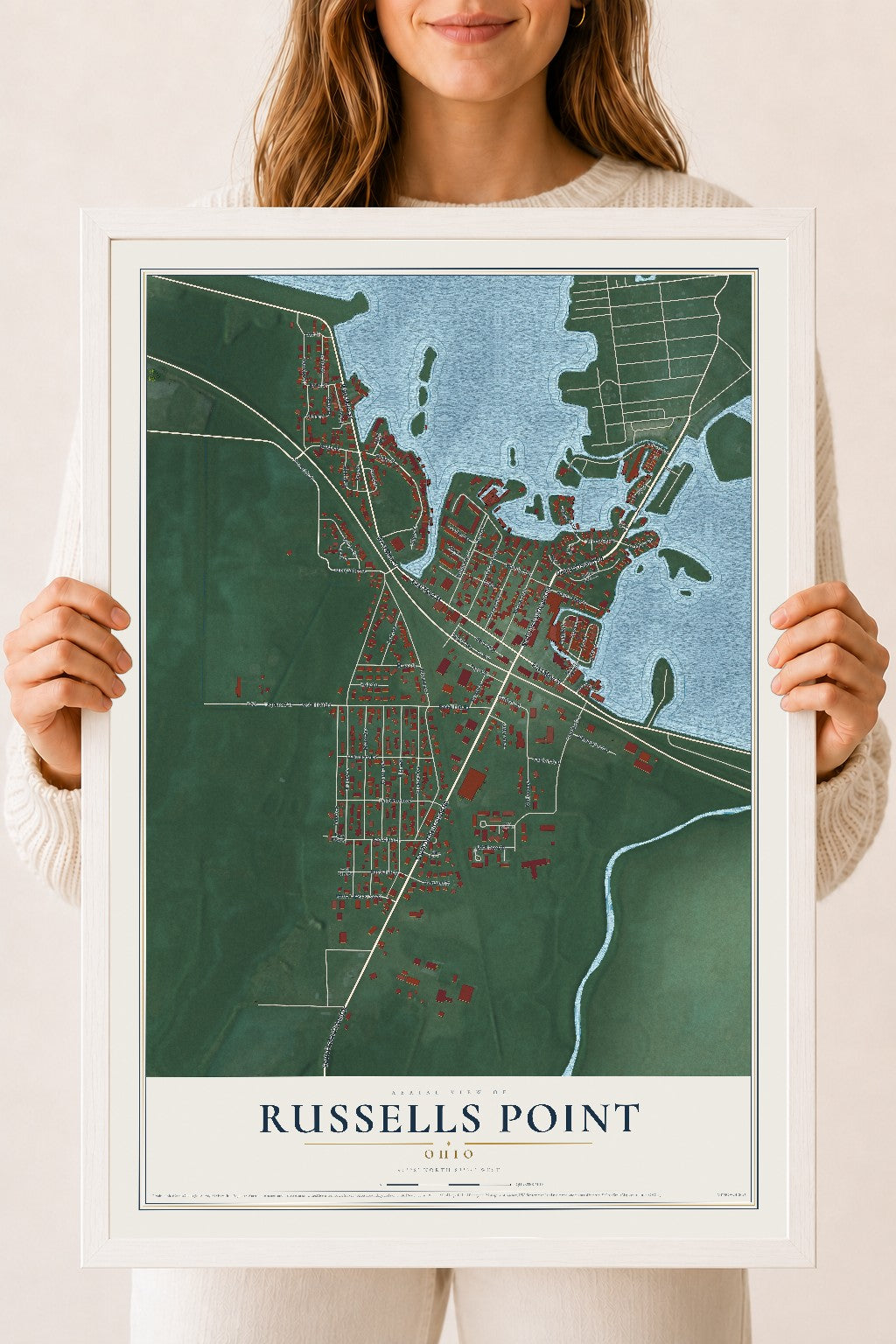 Map of Russells Point, Ohio, 18 x 24 inch print in a white wood frame