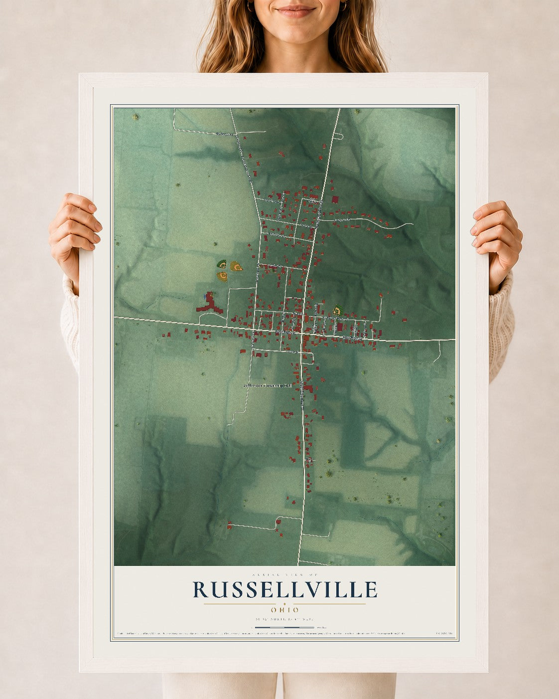 Map of Russellville, Ohio, 24 x 36 inch print in a white wood frame