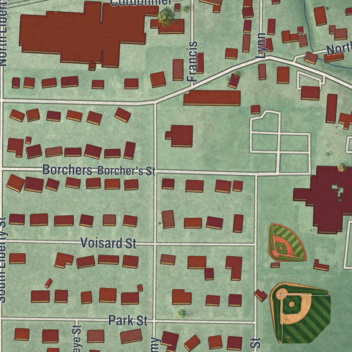 Close-up of the map of Russia, Ohio print showing street and building detail