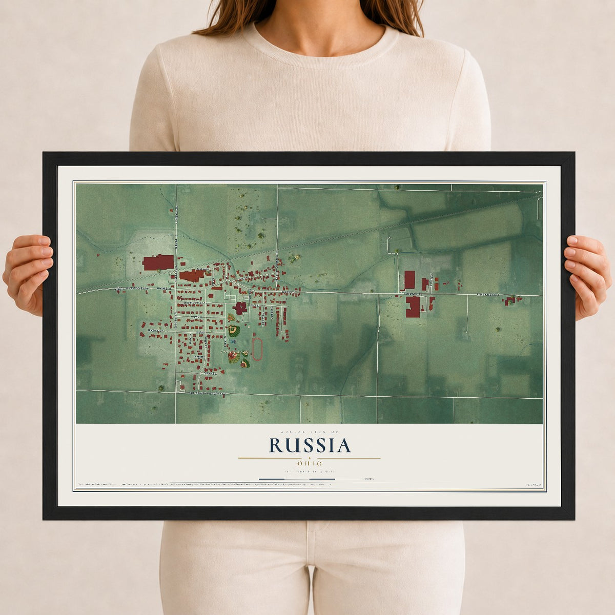 Map of Russia, Ohio, 12 x 18 inch print in a black wood frame